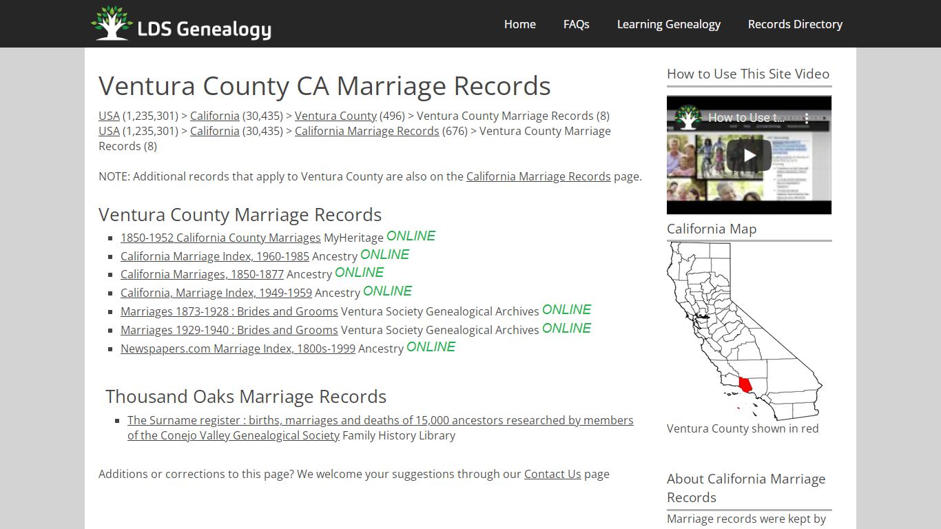 Ventura County CA Marriage Records - LDS Genealogy